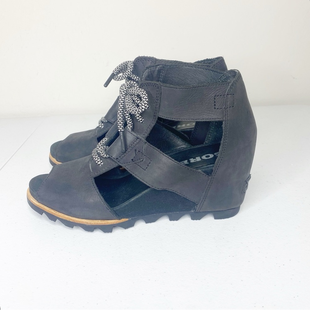 Sorel Joanie Lace Up Wedge Cage Sandals Black Leather Size 10